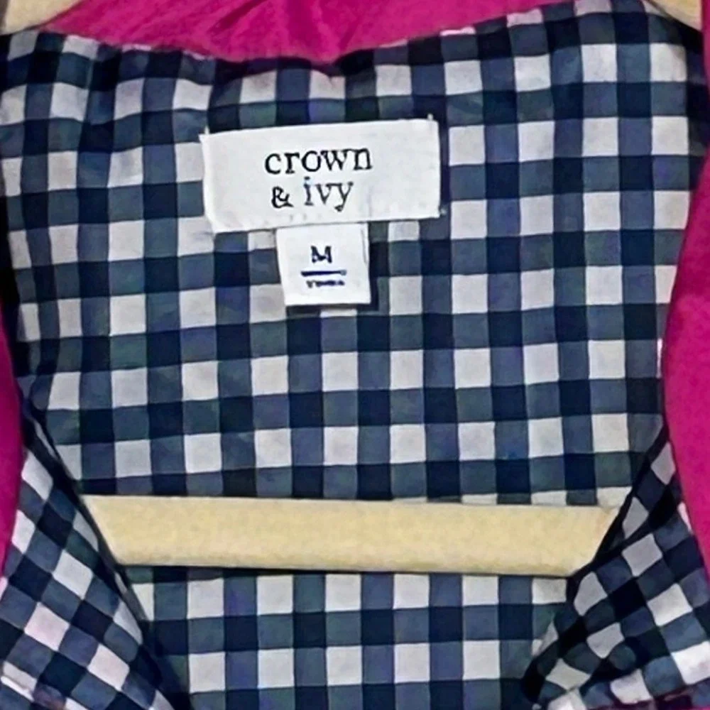 Crown & Ivy Womens Hot Pink Quilted Puffer Vest Gingham Lining Size‎ M Full Zip